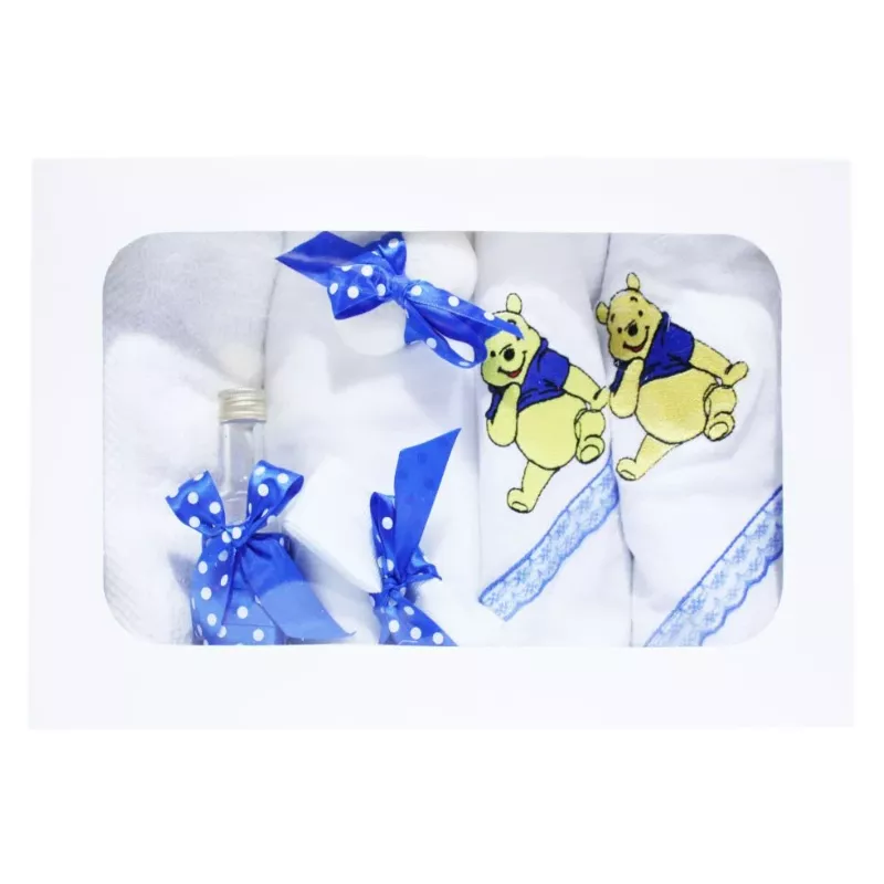 Trusou Botez cu 7 piese - Winnie-the-Pooh brodat - ALB -ALBASTRU -TB73