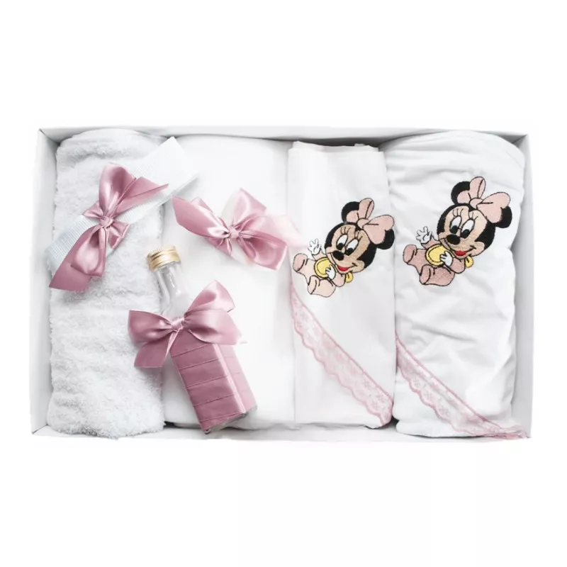 Trusou Botez cu 7 piese - Minnie Mouse brodata - ALB - ROZ PUDRA - TB81