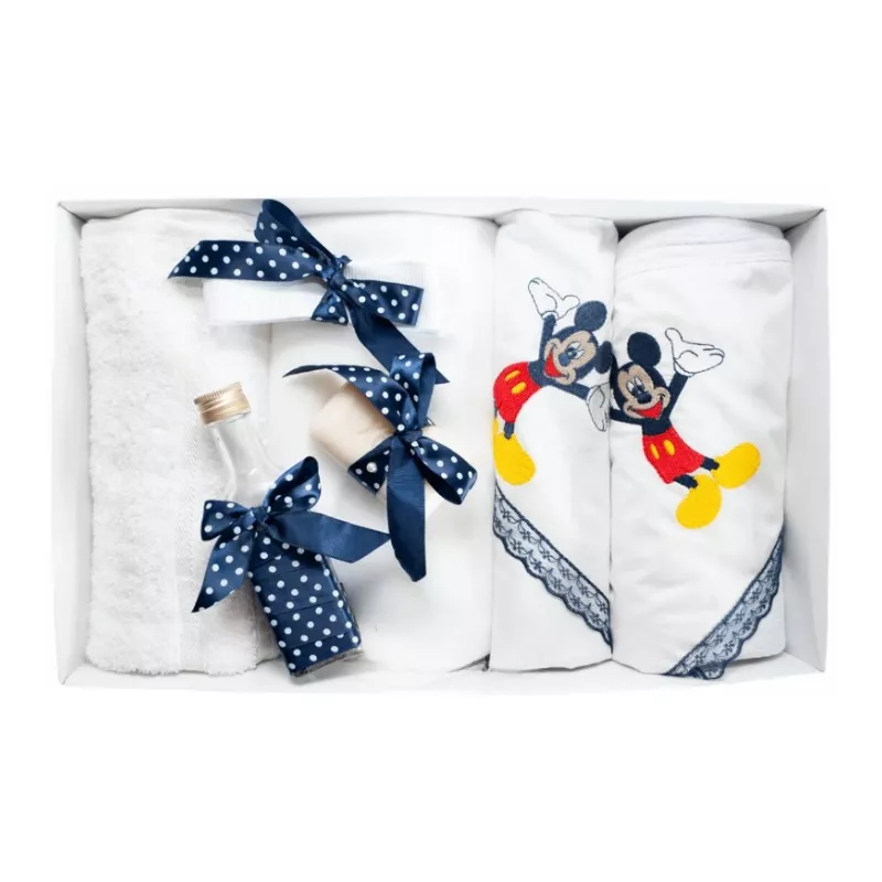 Trusou Botez cu 7 piese - Mickey Mouse brodat - ALB - BLEUMARIN - TB85