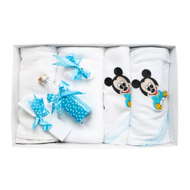 Trusou Botez cu 7 piese - Mickey Mouse brodat - ALB - TURCOAZ - TB86