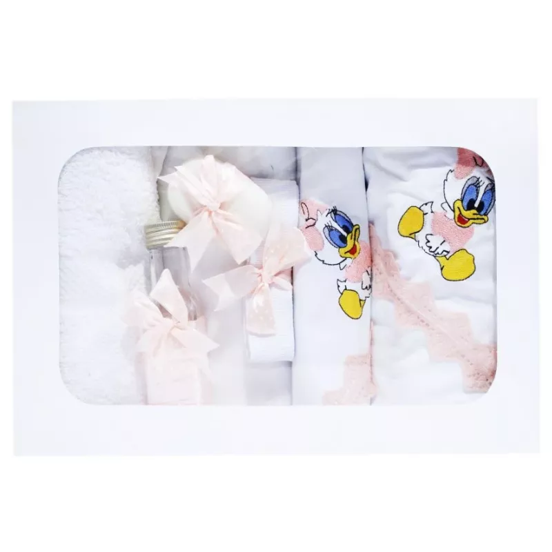 Trusou Botez cu 7 piese - Daisy Duck brodata - ALB - ROZ DESCHIS  - TB79