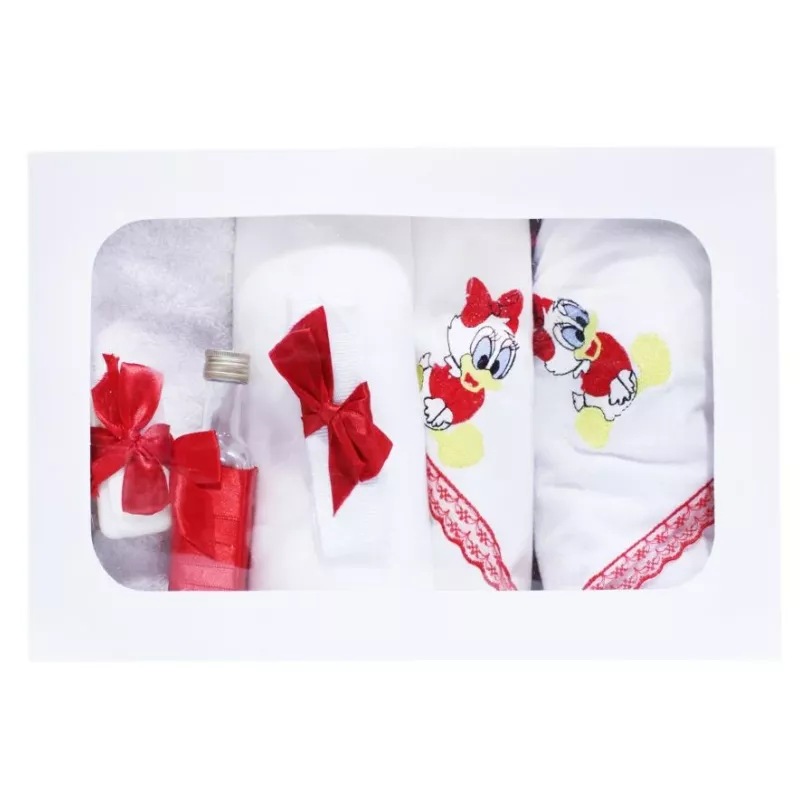 Trusou Botez cu 7 piese - Daisy Duck brodata - ALB - ROSU - TB78
