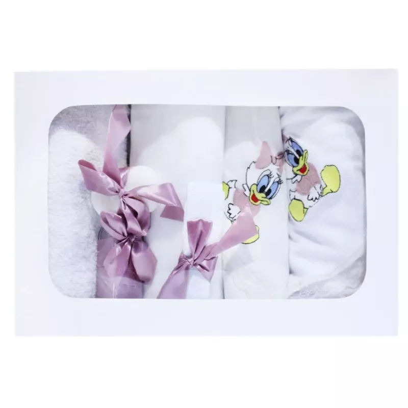 Trusou Botez cu 7 piese - Daisy Duck brodata - ALB - ROZ PUDRAT INCHIS - TB77