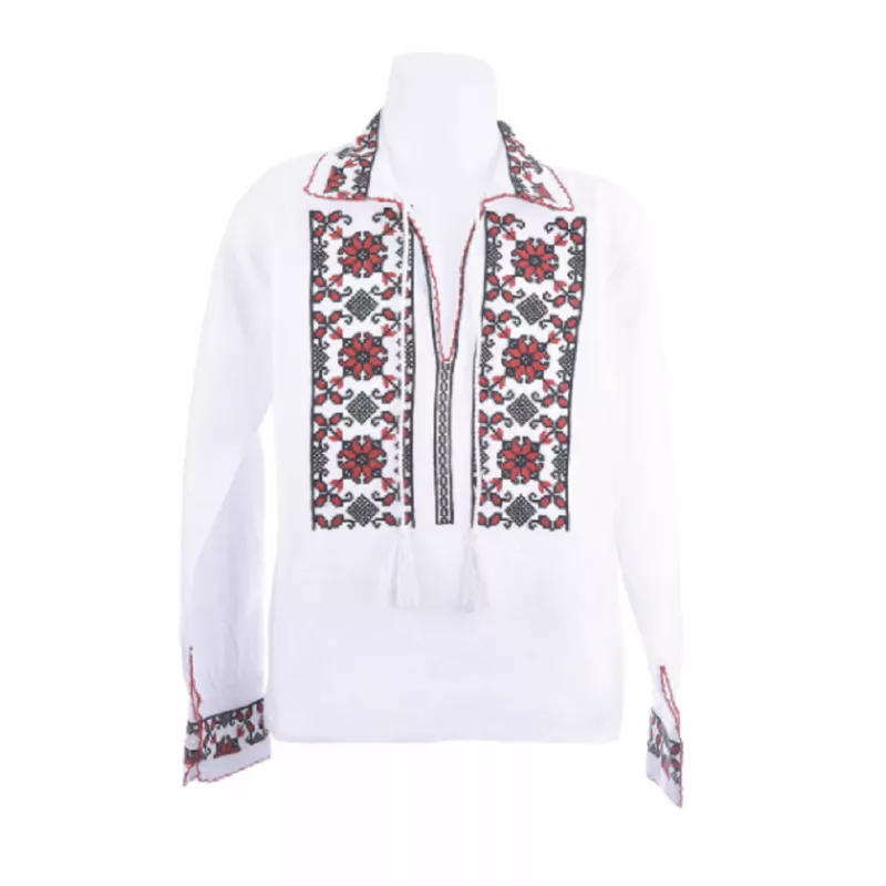 Camasa Traditionala de Baieti Alba cu Motiv Geometric Rosu - ITB37