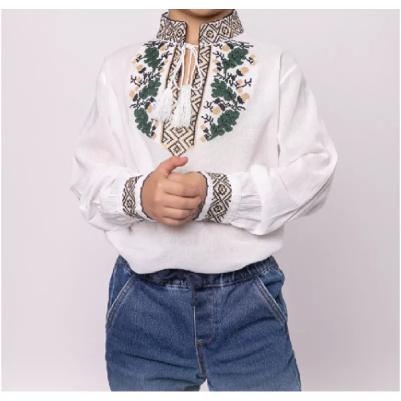Camasa Traditionala de Baieti Alba cu Motiv Floral Verde - ITB31