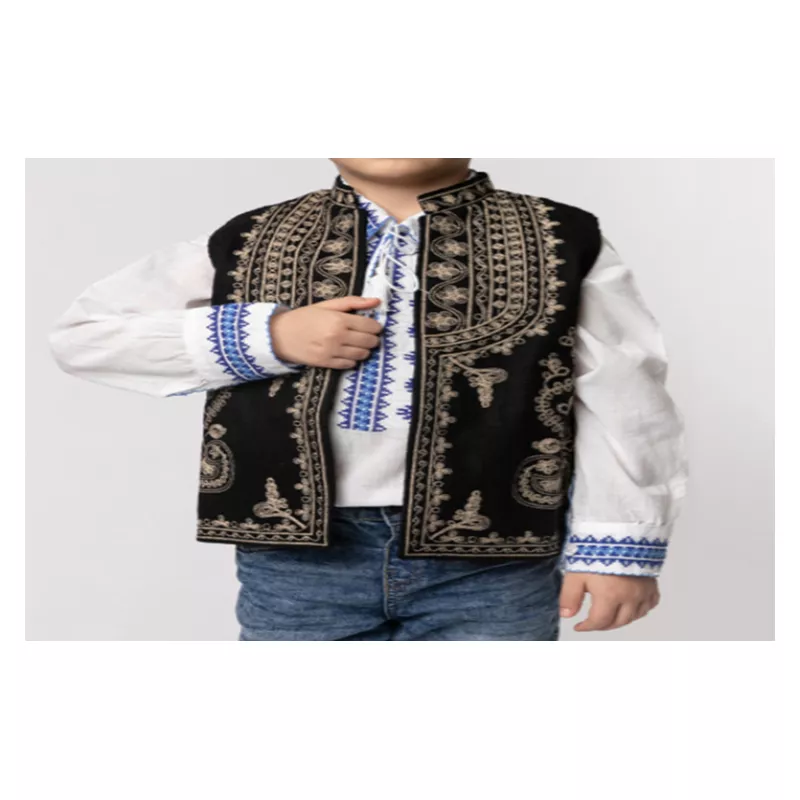 Vesta Traditionala de Baieti Neagra cu Broderie Florala Crem - VT24