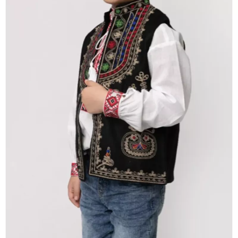 Vesta Traditionala de Baieti Neagra cu Broderie Florala Multicolora - VT23