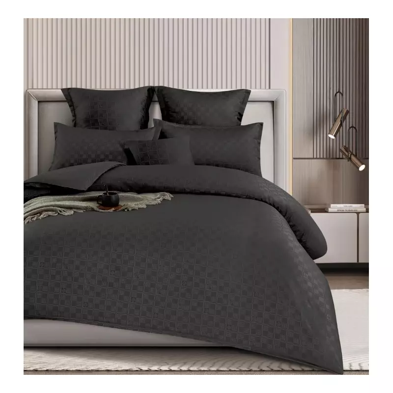 Lenjerie de pat dublu Bumbac Finet cu Carouri 6 Piese cu Elastic, Negru- SIPRT4-04