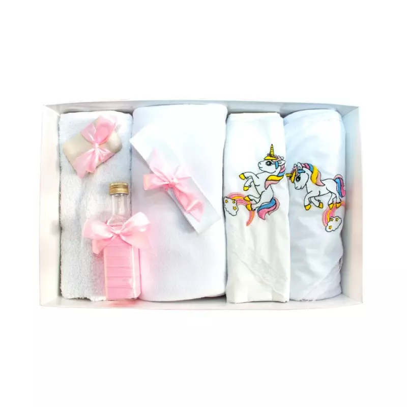 Trusou Botez 7 Piese cu Text Imprimat, Alb-Roz, Inorog - TB38