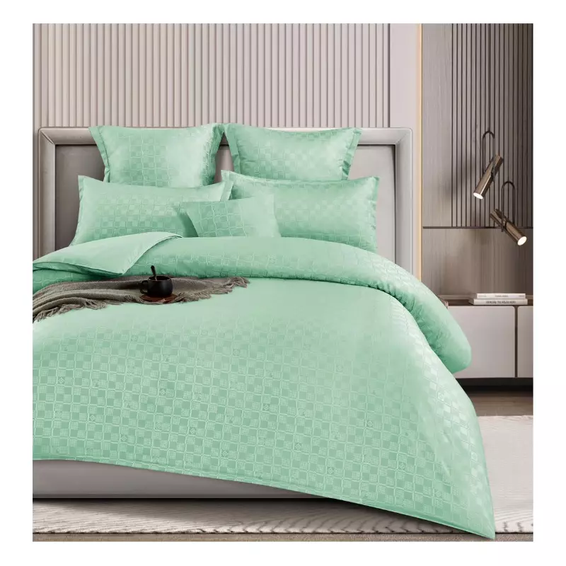 Lenjerie de pat dublu Bumbac Finet cu Carouri 6 Piese cu Elastic, Verde Menta- SIPRT4-03