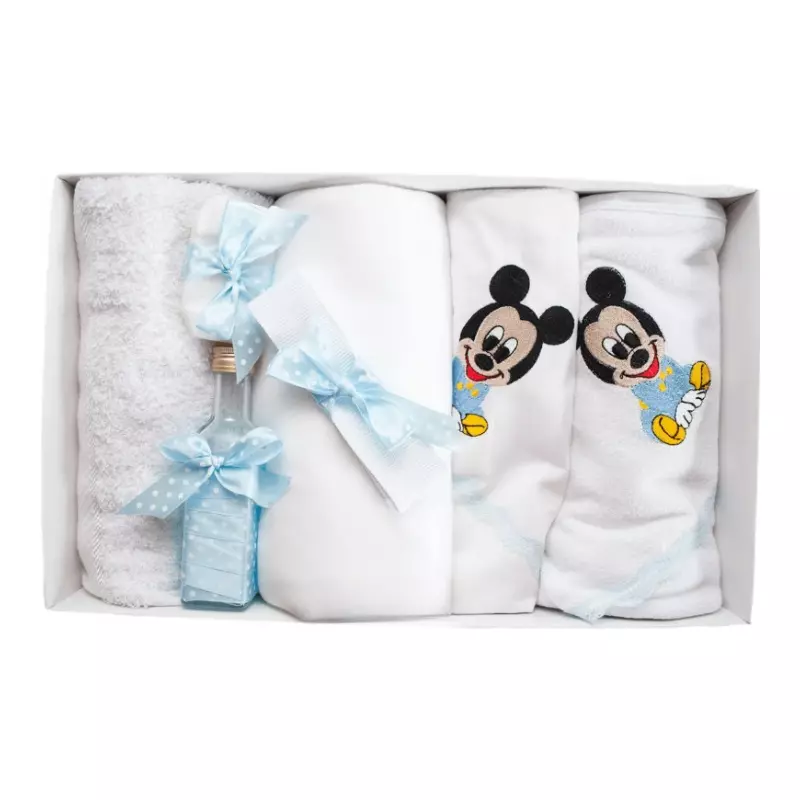 Trusou Botez cu 7 piese - Mickey Mouse brodat - ALB - ALBASTRU - TB75