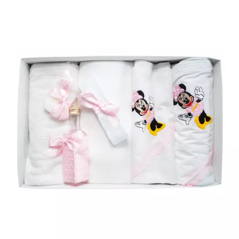 Trusou Botez cu 7 piese - Minnie Mouse brodata - ALB - ROZ - TB83