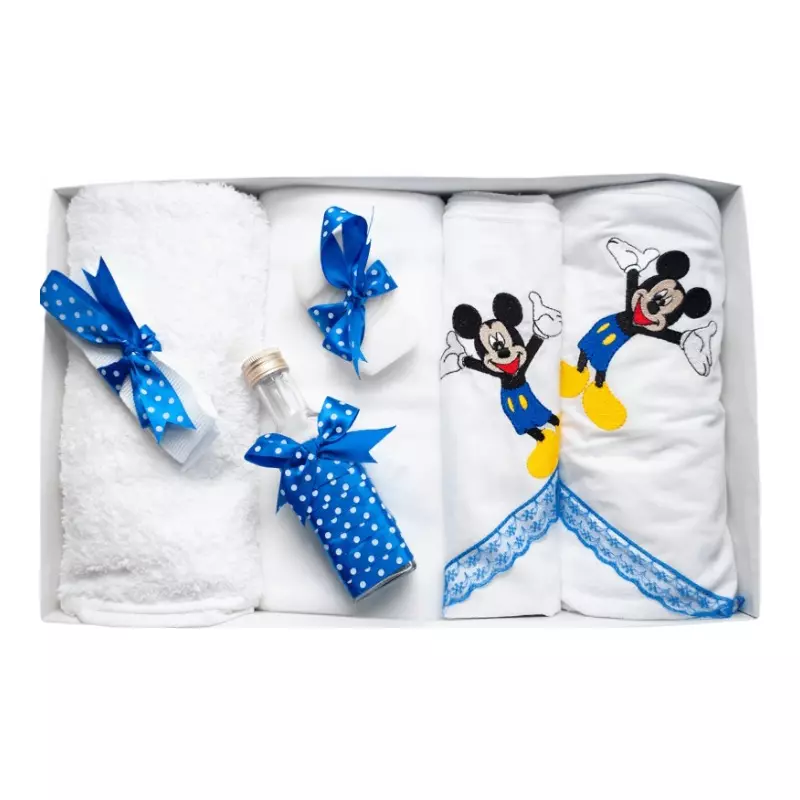 Trusou Botez cu 7 piese - MIckey Mouse brodata - ALB - ALBASTRU - TB84