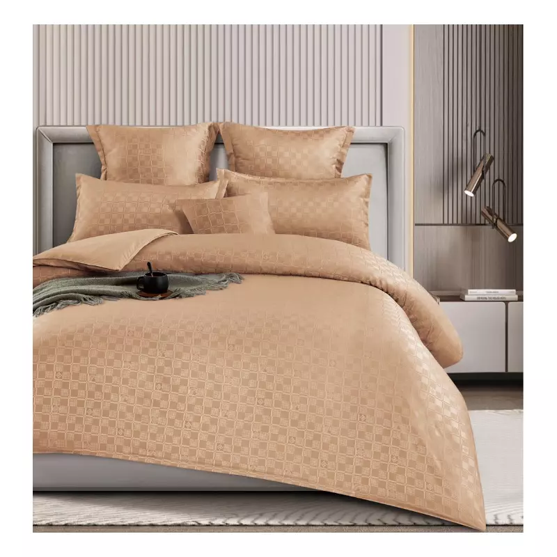 Lenjerie de pat dublu Bumbac Finet cu Carouri 6 Piese cu Elastic, Bej - SIPRT4-10