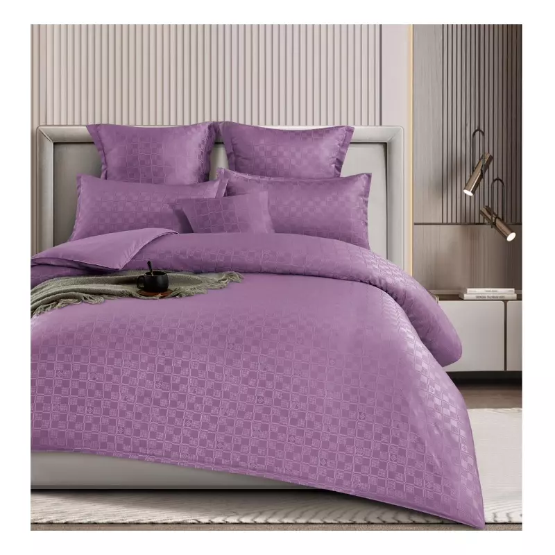 Lenjerie de pat dublu Bumbac Finet cu Carouri 6 Piese cu Elastic, Mov - SIPRT4-12