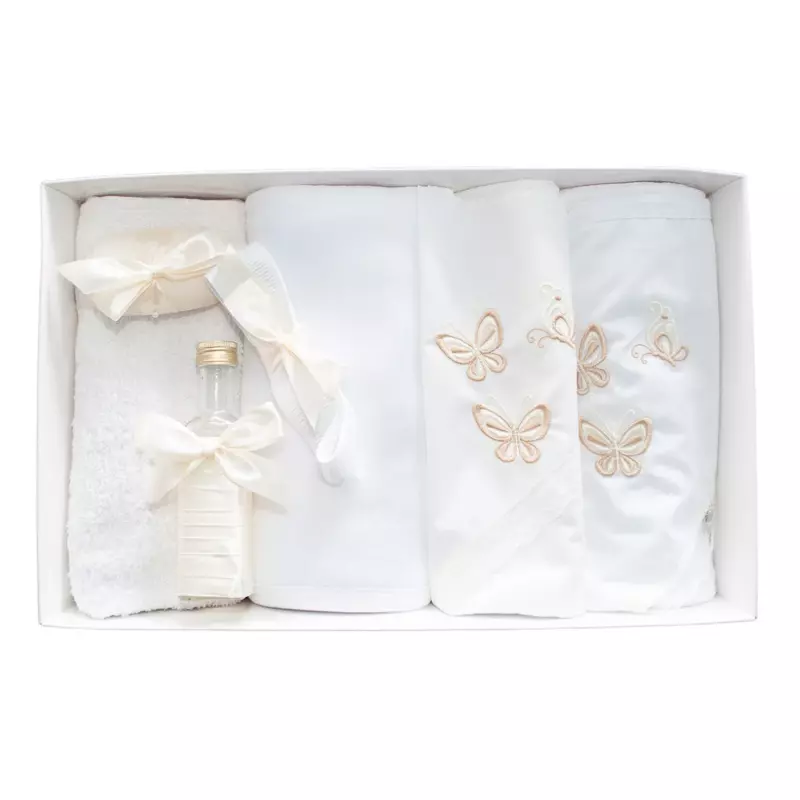 Trusou Botez 7 Piese cu Broderie, Crem, Fluturi - TB135