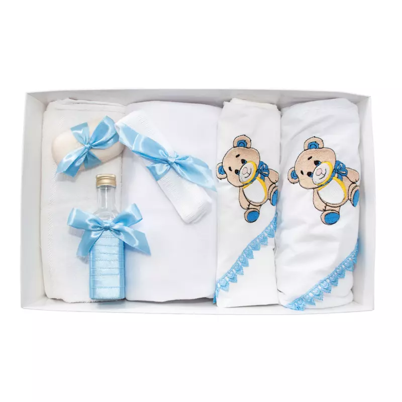 Trusou Botez 7 Piese Personalizat cu Broderie, Bleu, Ursuleti - TB131