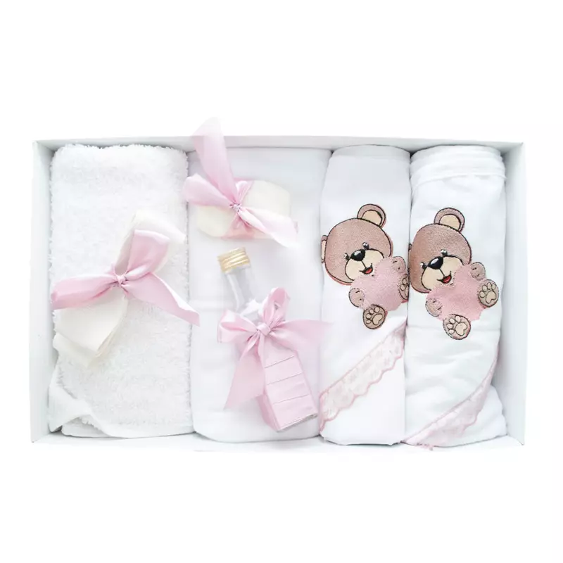 Trusou Botez 7 Piese, Roz Pudra, Ursulet Brodat - TB159