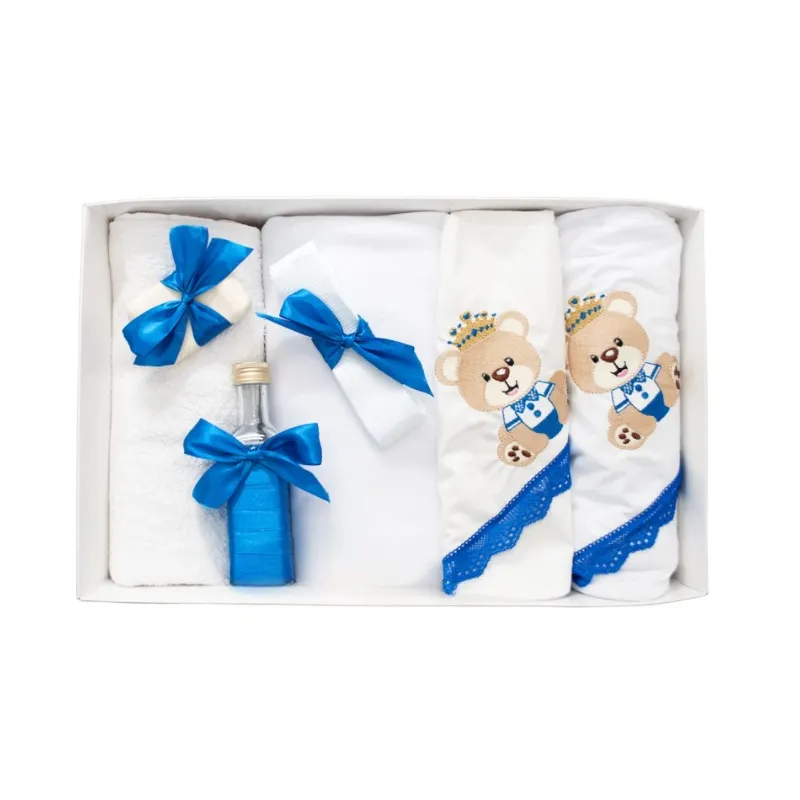 Trusou Botez 7 Piese Personalizat cu Broderie, Albastru, Ursuletul Print - TB48