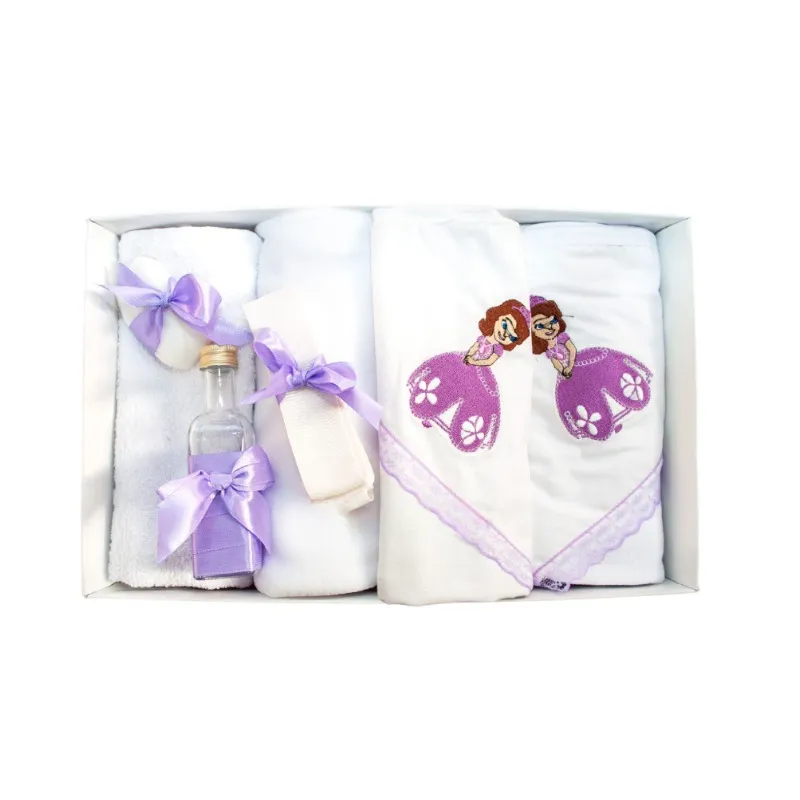 Trusou Botez 7 Piese Personalizat cu Broderie, Alb-Mov, Sofia - TB39