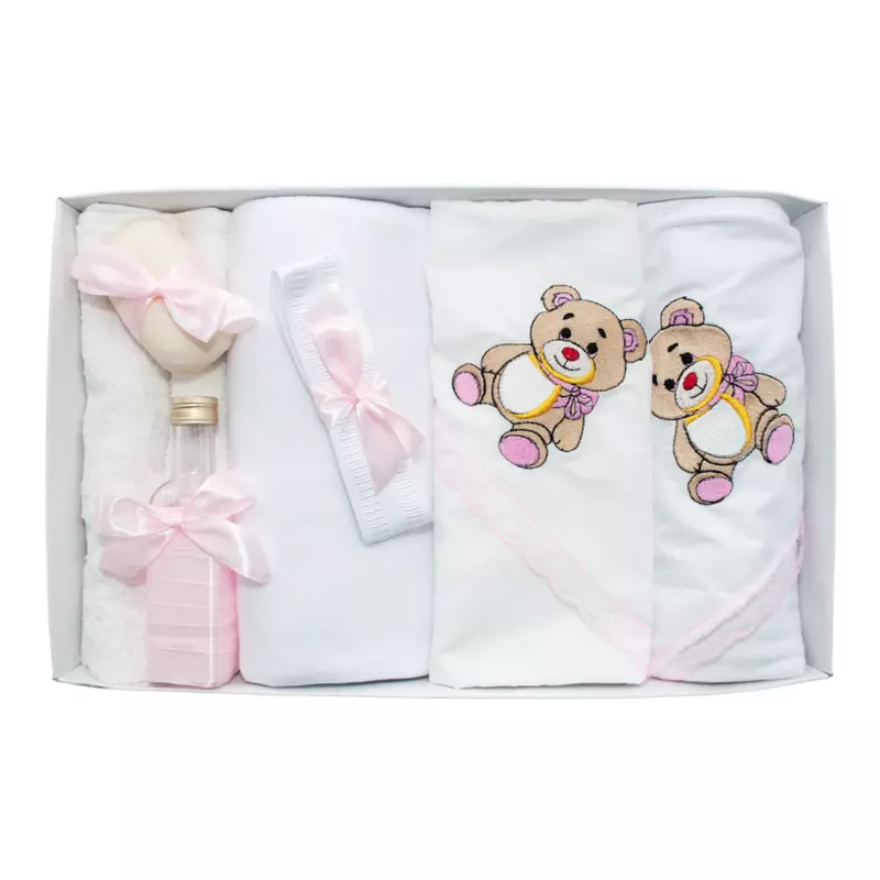 Trusou Botez 7 Piese Personalizat cu Broderie, Roz, Ursuleti - TB132