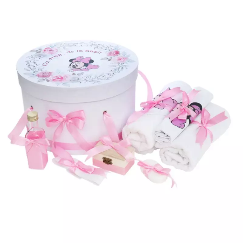 Trusou botez, Model Baby Minnie Mouse cu Flori Roz - TB23