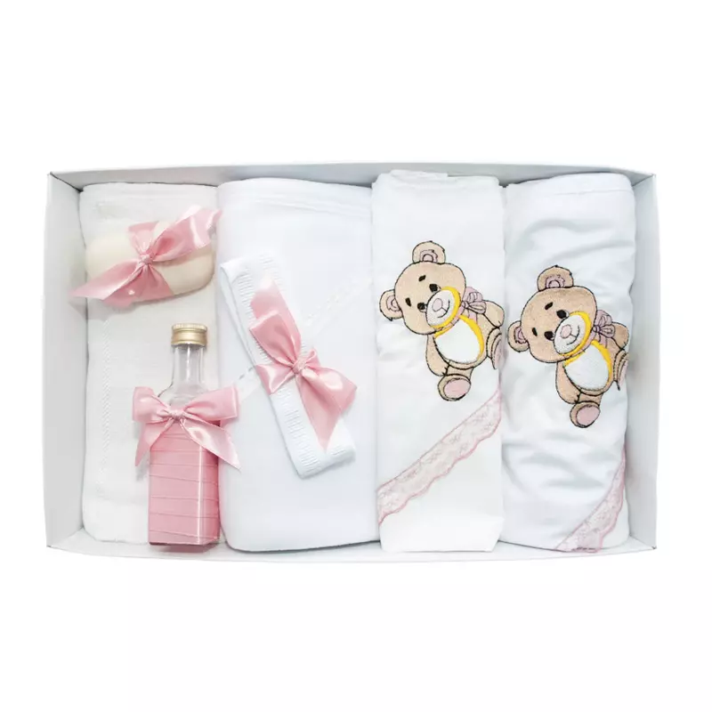 Trusou Botez 7 Piese Personalizat cu Broderie, Roz Pudra, Ursuleti - TB130