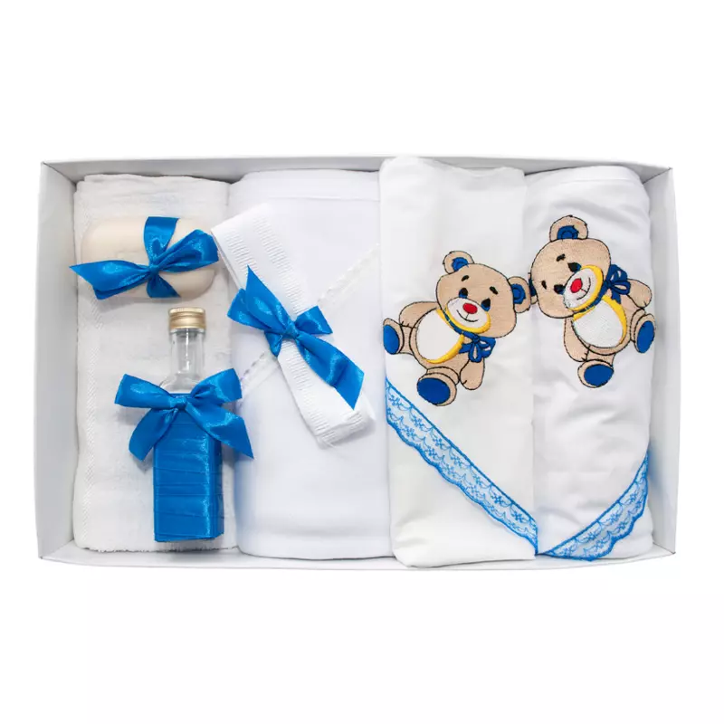 Trusou Botez 7 Piese Personalizat cu Broderie, Albastru, Ursuleti - TB128