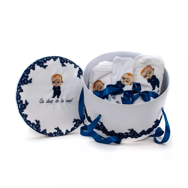 Trusou Botez cu 8 Piese Brodat, Boss Baby, Culoare Bleumarin - TB08