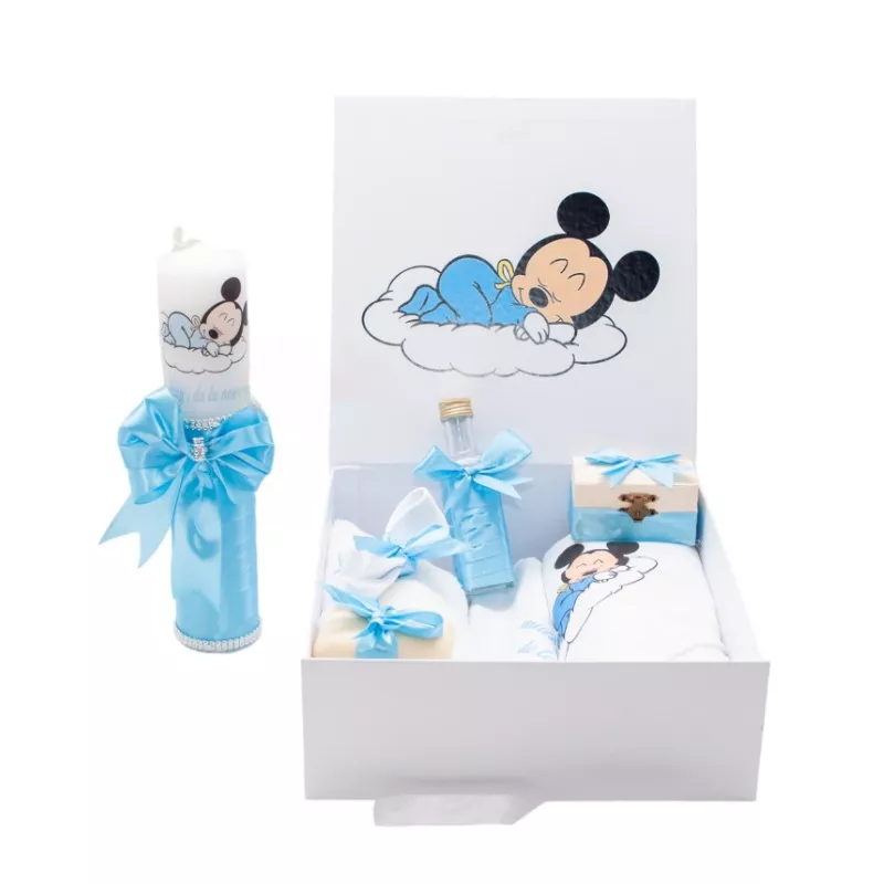 Set Cutie Trusou cu Lumanare, 9 Piese "Cu drag de la nasi" - Baby Mickey, Bleu - TB200