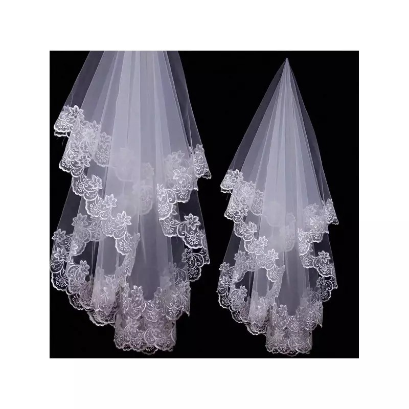 Voal de Mireasa cu Margine Florala din Dantela - 150x110cm , Alb - 86945