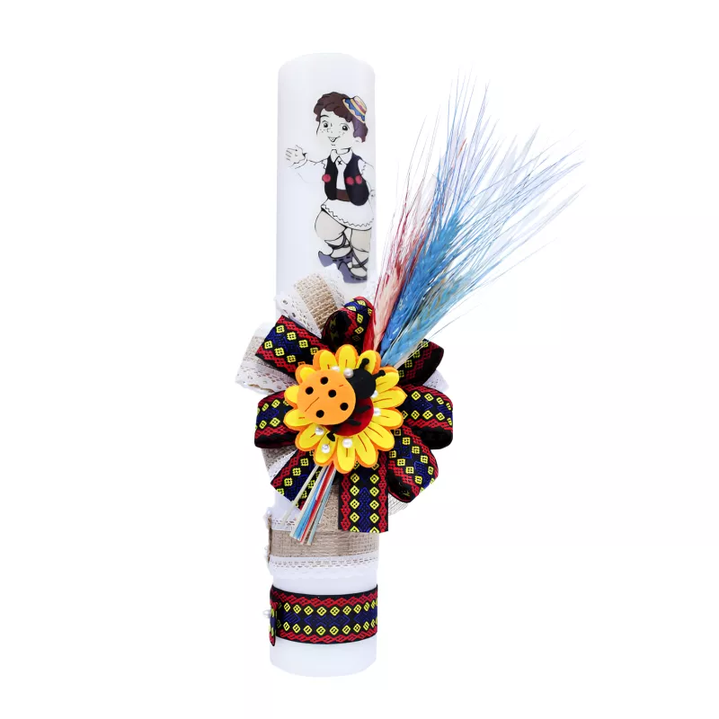 Lumanare Traditionala de Botez cu Spice de Grau si Panglica cu Motive Traditionale - LB05