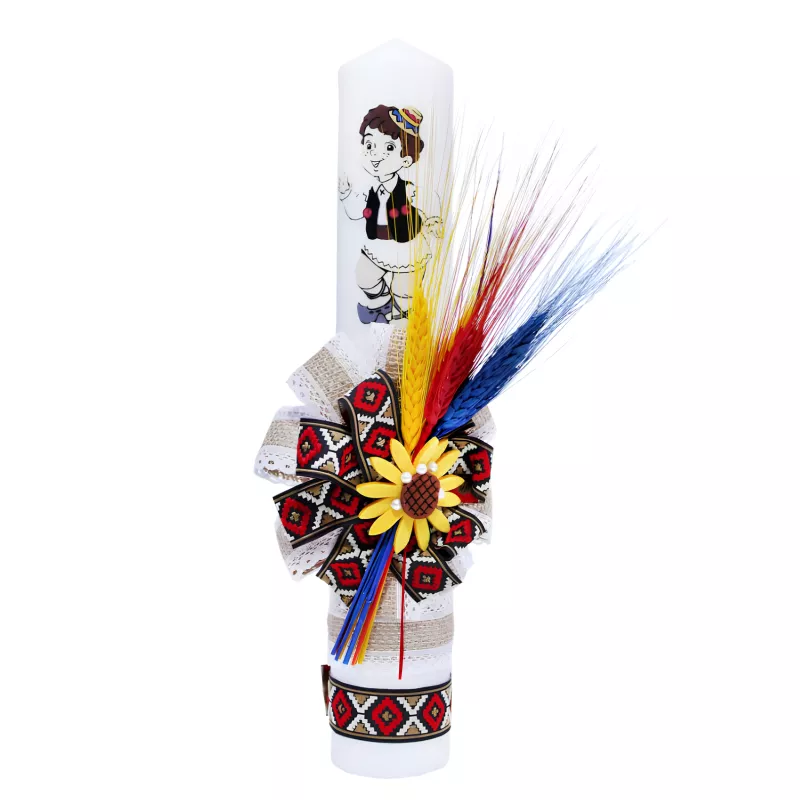 Lumanare Traditionala de Botez cu Spice de Grau si Panglica cu Motive Traditionale - LB03