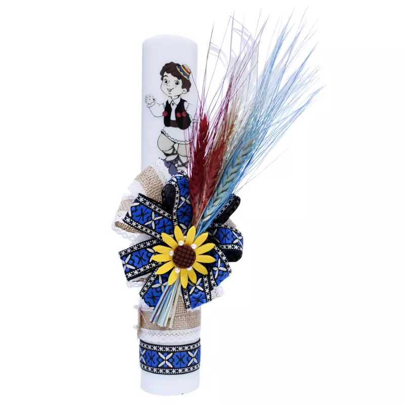 Lumanare Traditionala de Botez cu Spice de Grau si Panglica cu Motive Traditionale - LB04