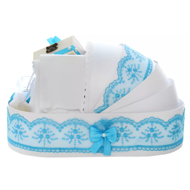 Trusou Botez tip Landou cu 8 piese  - Alb - Baby Blue - TBL15