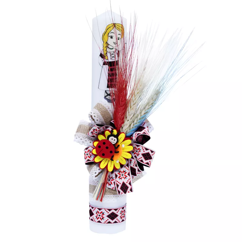 Lumanare Traditionala de Botez cu Spice de Grau si Panglica cu Motive Traditionale - LB01