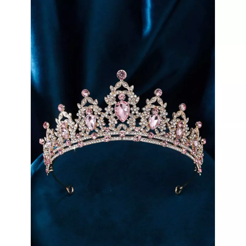 Diadema (Coronita) Aurie pentru Mireasa cu Strasuri si Pietre Roz - 92132