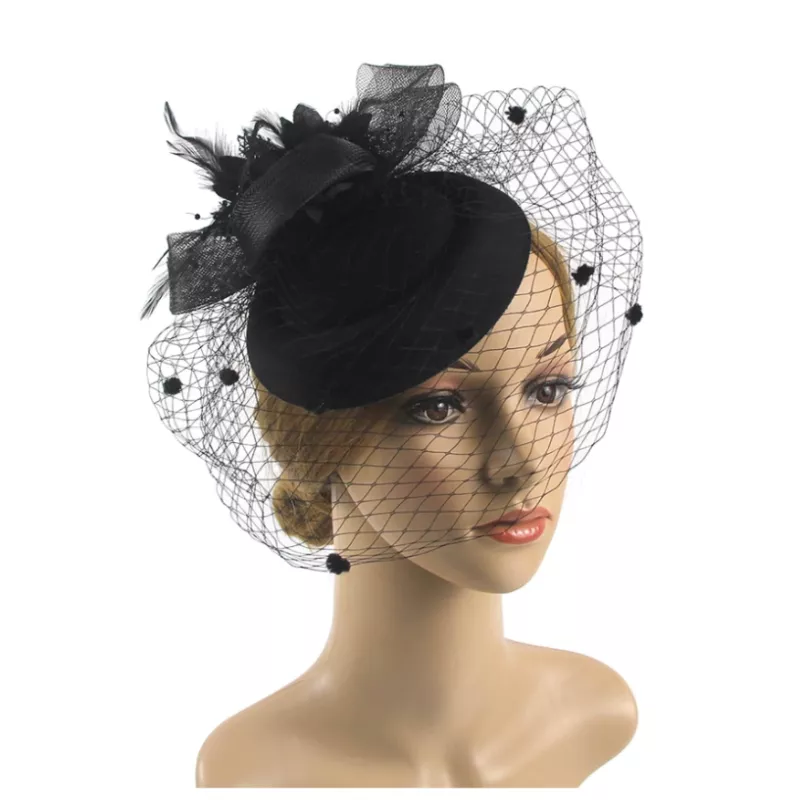Accesoriu Palarie Dama, cu Pene, Flori si Voal Negru - 07554