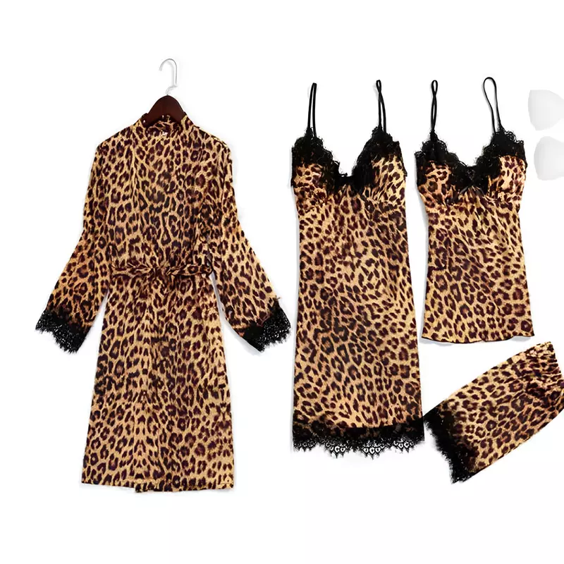Set Pijama de Dama 4 Piese din Satin Leopard- ANI110