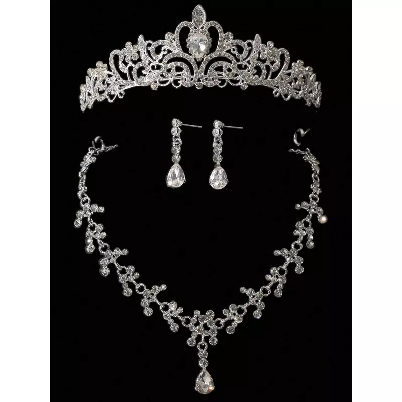 Set Diadema (Coronita) Mireasa Model cu Pietre si Strasuri, Colier si Cercei - Argintii-97696