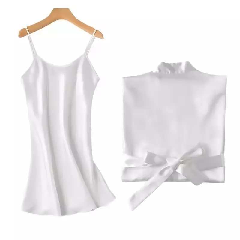Compleu 2 piese Halat + Rochie Satin Alb