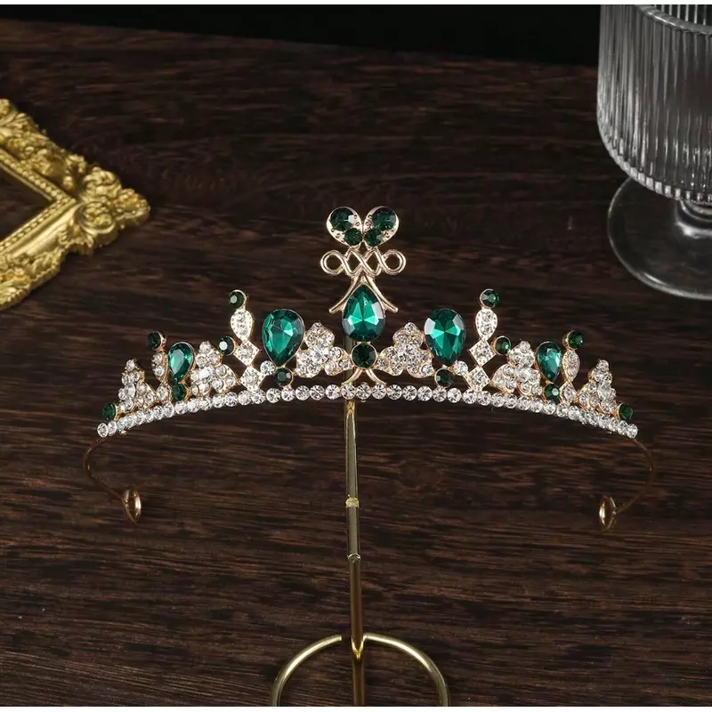 Diadema (Coronita) Mireasa, Model Regal cu Pietre si Strasuri,Auriu cu Verde Smarald - 76023