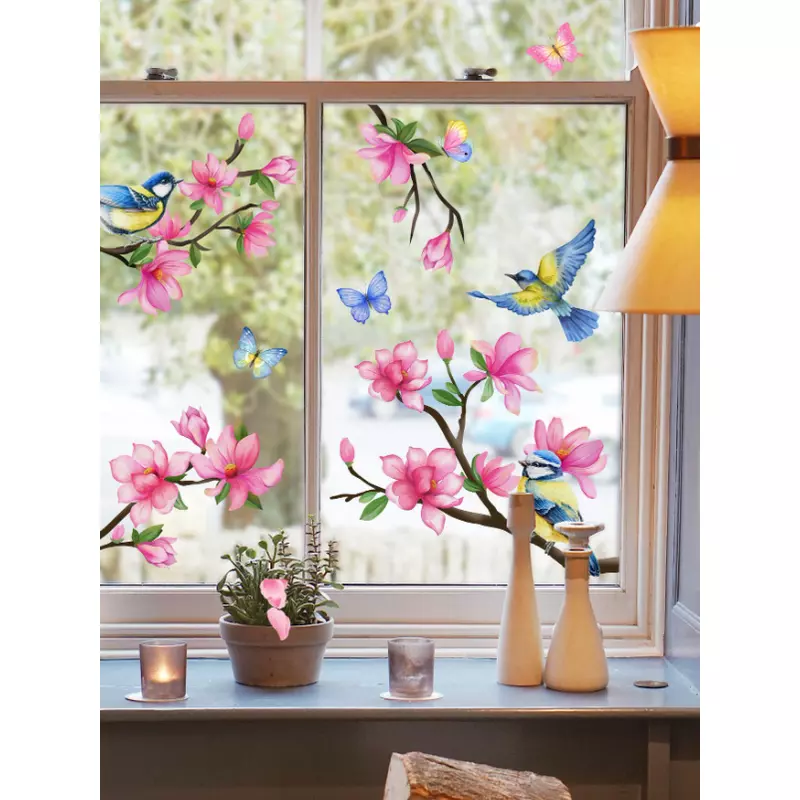 Sticker Geam Autocolant Flori si Pasari 30x45cm - 47874