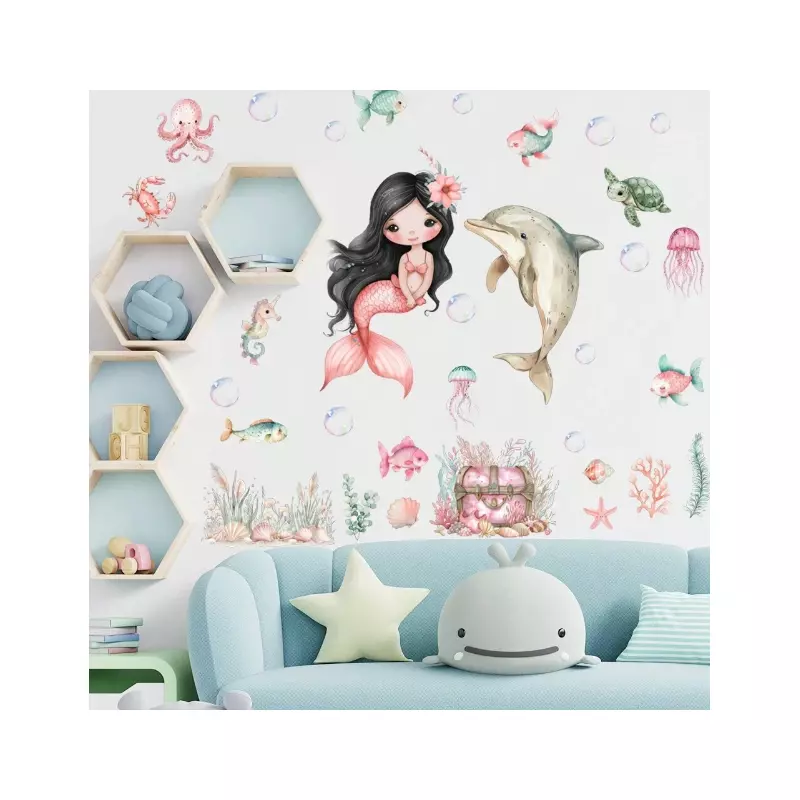 Sticker Perete Autocolant Sirena Roz si Pesti 70x62cm - 18333