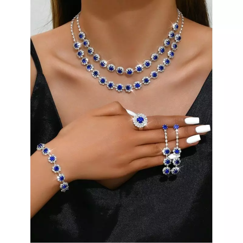 Set Bijuterii Cu Strasuri 5 Piese, Colier, Cercei, Inel si Bratara , Argintiu cu Albastru - 12259