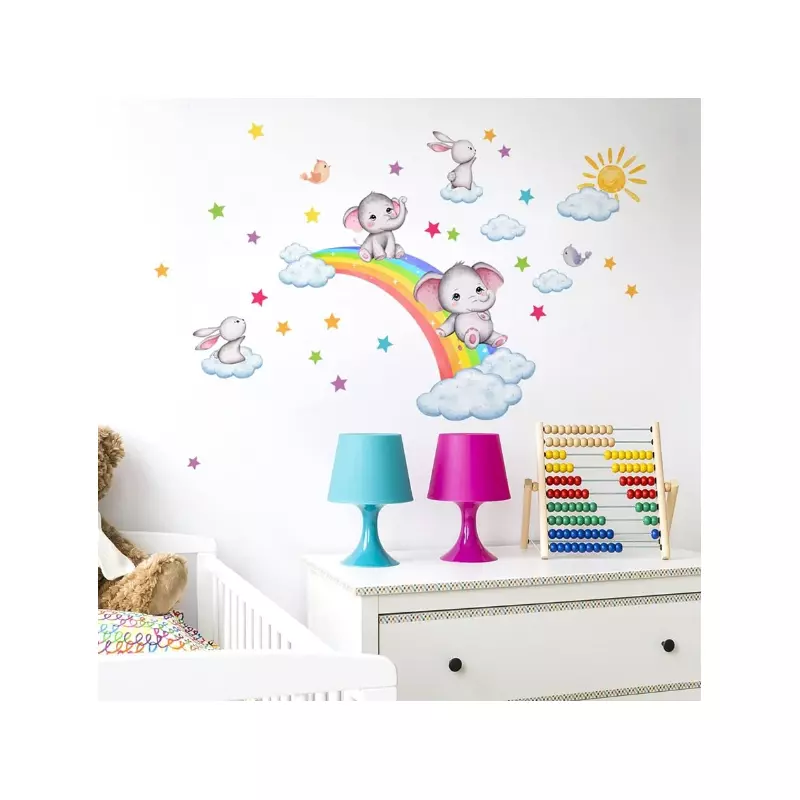 Sticker Perete Autocolant Elefanti pe Curcubeu - 76x55cm - 96435