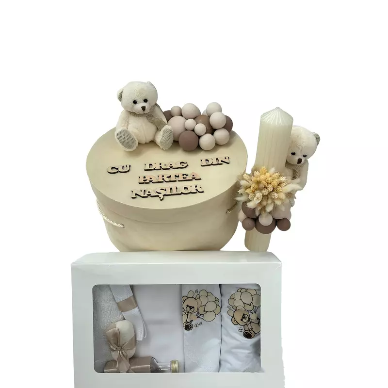 Trusou botez, 9 Piese cu Ursulet Crem din Catifea - TB238