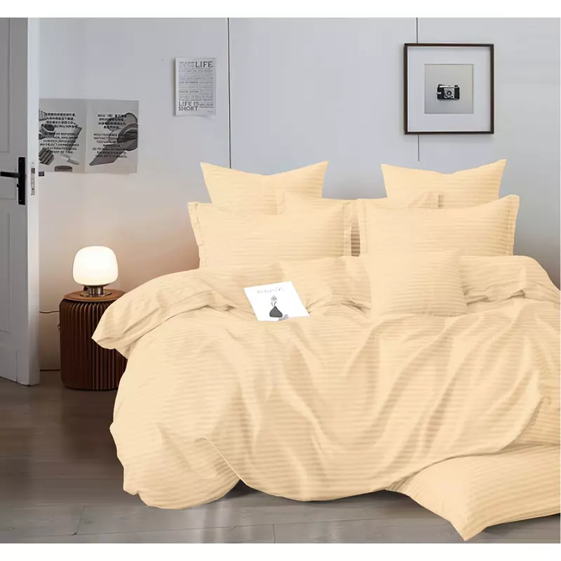 Lenjerie de Pat Dublu Bumbac Damasc 4 Piese cu Elastic, Crem - XIA171