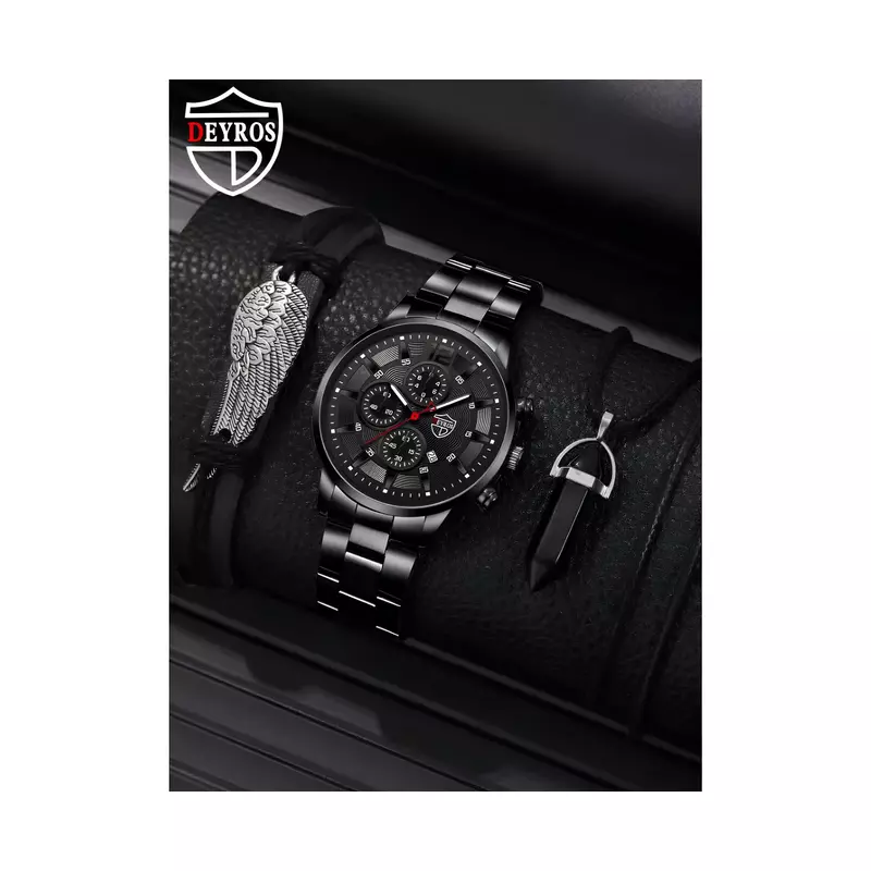 Set pentru Barbati cu Ceas si Bratari Negru - 30140