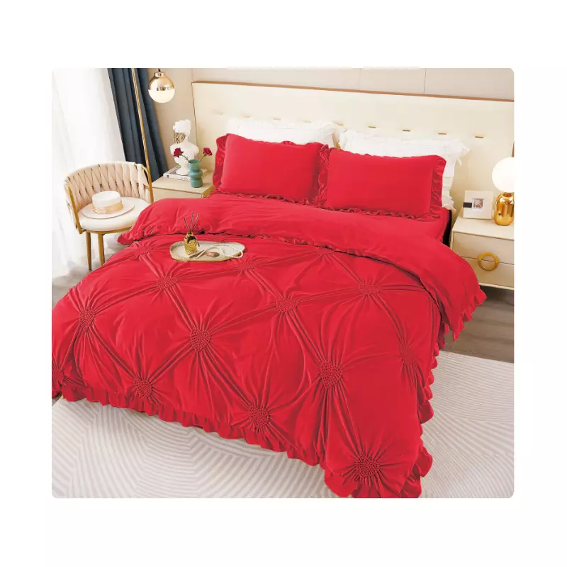 Lenjerie de Pat, 4 Piese din Catifea, cu Volanase, pentru Pat dublu, Rosu - FR157